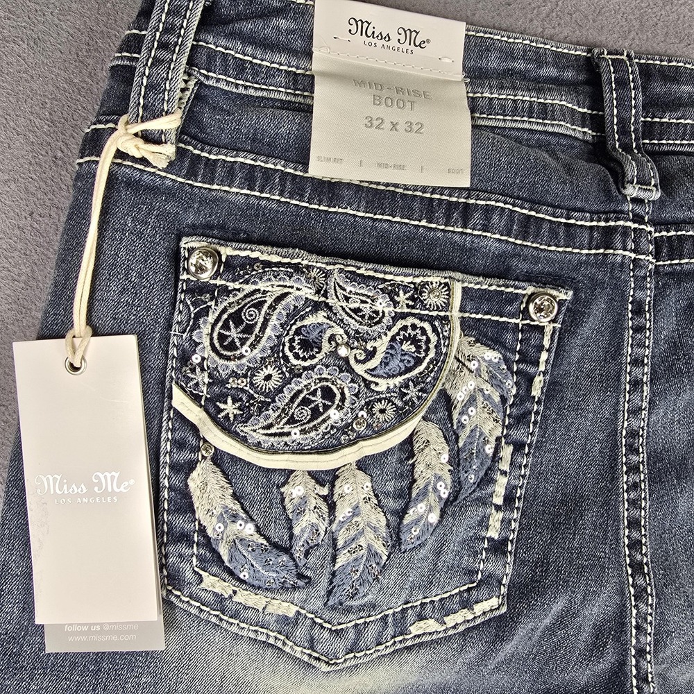 Miss Me Jeans Womens 32x32 Blue Mid Rise Bootcut Embroidered Denim Western NWT